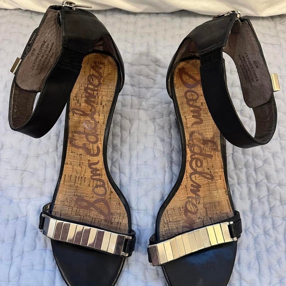 Size 10 Black leather Sam Edelman wedge zip up (ankle strap is adjustable) heels - Picture 2 of 6